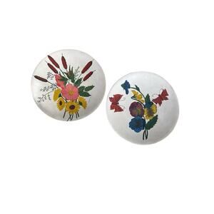 Antique Leather Board Hand Painted Floral Pansy Sun Flowers Round Wall Hangings